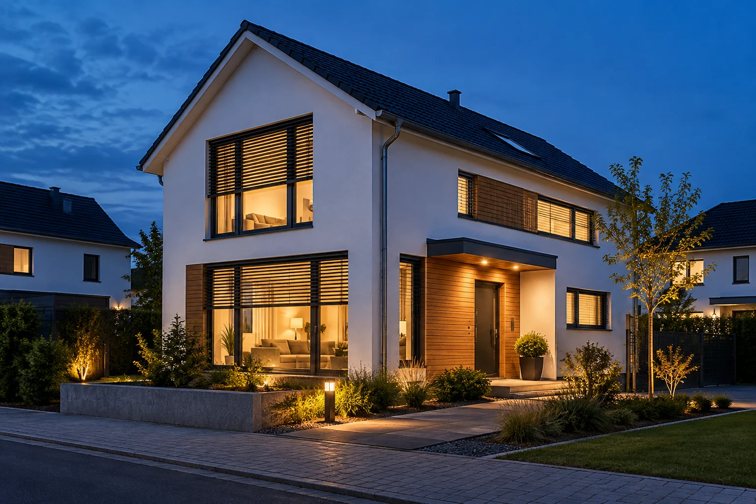 Illustratives Wohnhaus mit abgestimmter Beleuchtung und Beschattung