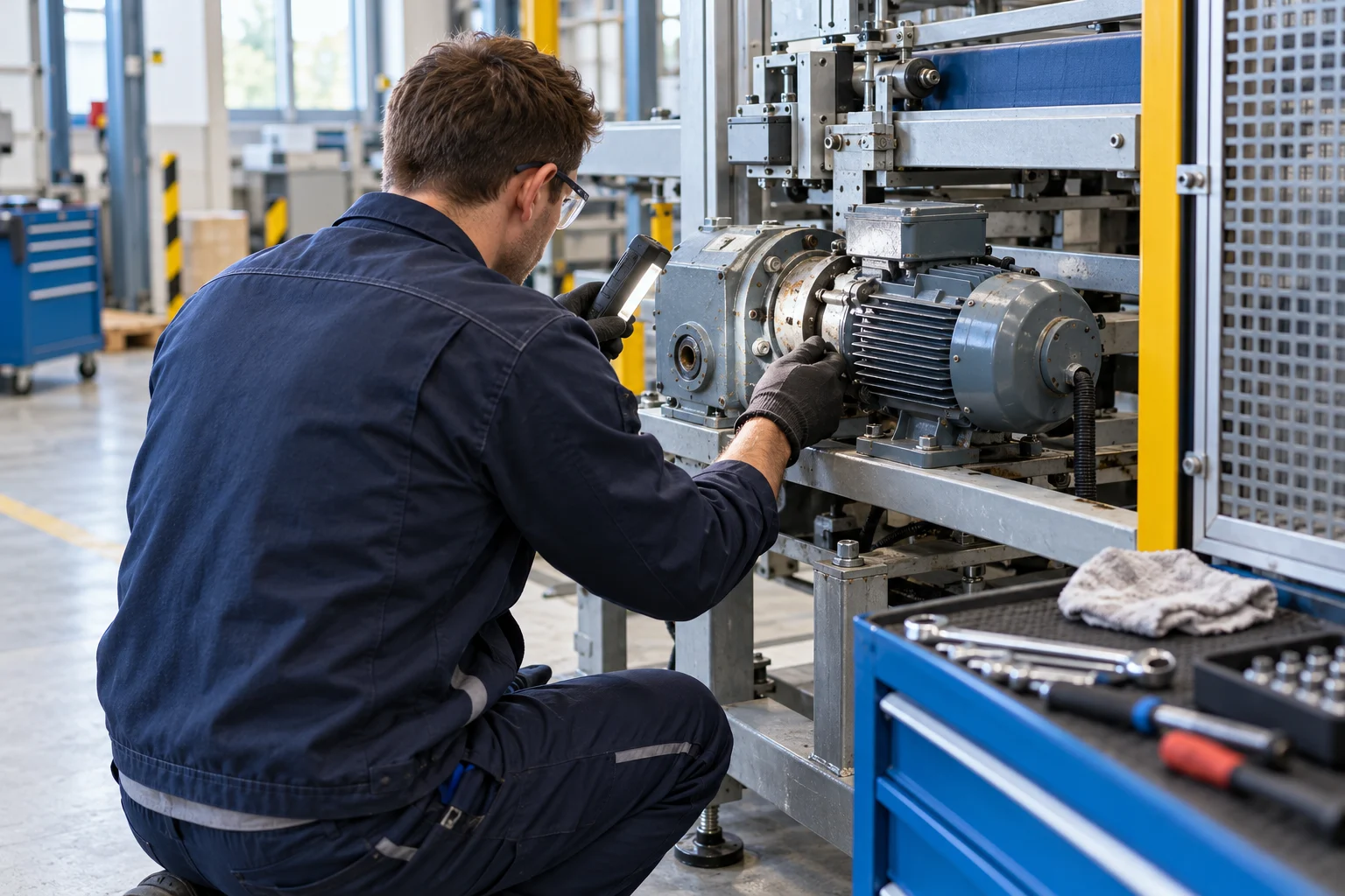 Illustration: Wartung eines mechanischen Antriebs an einer Industrieanlage